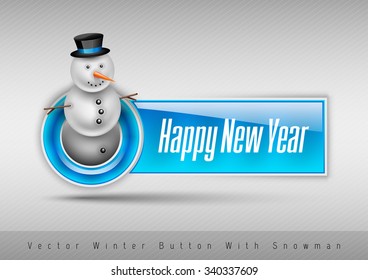Blue glossy button Happy new year with cute snowman. Winter vector design elements.