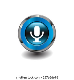 Blue glossy button with metallic elements and white icon microphone, vector design for website