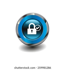 Blue glossy button with metallic elements and white padlock sign, vector design for website