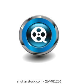 Blue glossy button with metallic elements and white icon motion picture film reel, vector design for website