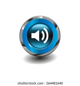 Blue glossy button with metallic elements and white icon volume high, vector design for website