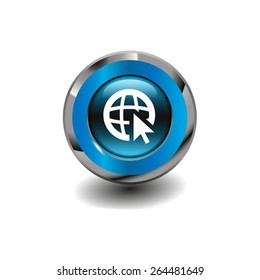 Blue glossy button with metallic elements and white icon  globe (go to web), vector design for website