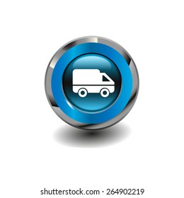 Blue glossy button with metallic elements and white icon car (delivery), vector design for website