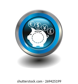 Blue glossy button with metallic elements and white icon money box, vector design for website