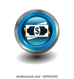 Blue glossy button with metallic elements and white icon dollar, vector design for website