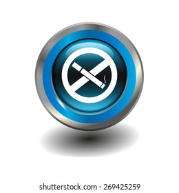 Blue glossy button with metallic elements and white icon no smoking, vector design for website