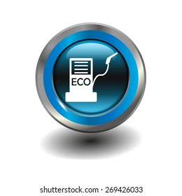 Blue glossy button with metallic elements and white icon biofuels, vector design for website