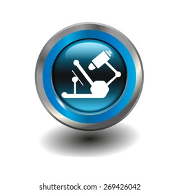 Blue glossy button with metallic elements and white icon microscope , vector design for website