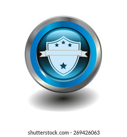Blue glossy button with metallic elements and white icon shield, vector design for website