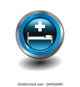 Blue glossy button with metallic elements and white icon hospital, vector design for website