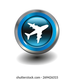 Blue glossy button with metallic elements and white icon plane, vector design for website