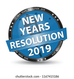 Blue Glossy Button New Years Resolution 2019 With Firecracker And Stars - Vector Illustration - Isolated On White Background