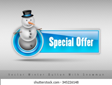 Blue glossy button Special offer with cute snowman. Winter vector design elements.