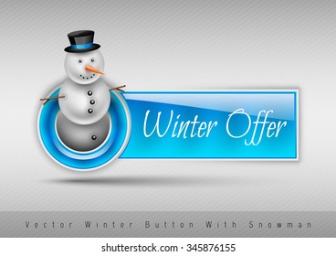 Blue glossy button Winter offer with cute snowman. Winter vector design elements.