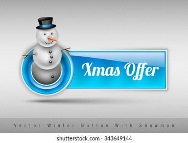 Blue glossy button Xmas offer with cute snowman. Winter vector design elements.