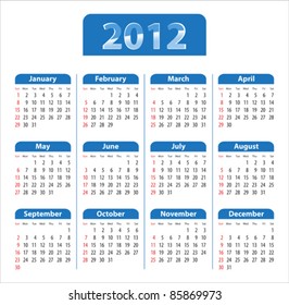 Blue glossy calendar for 2012. Sundays first. Vector illustration