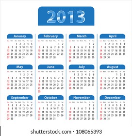 Blue glossy calendar for 2013. Sundays first. Vector illustration