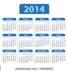 Blue glossy calendar for 2014 in French. Mondays first. Vector illustration 