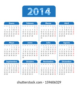 Blue glossy calendar for 2014 in Spanish. Mondays first. Vector illustration 