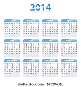 Blue glossy calendar for 2014. Sundays first. Vector illustration