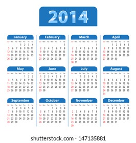 Blue glossy calendar for 2014. Sundays first. Vector illustration