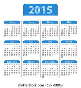 Blue glossy calendar for 2015 in Spanish. Mondays first. Vector illustration 