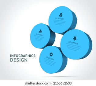 Blue glossy circle chips geometric modules business scheme infographics realistic template vector illustration. Rounded information flowchart educational options plan visualization mockup
