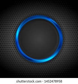 Blue glossy circle frame on dark perforated background. Abstract technology futuristic ring. Vector design