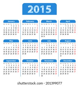 Blue glossy English calendar for 2015. Mondays first. Vector illustration