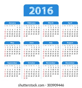 Blue glossy English calendar for 2016. Sundays first. Flat design vector illustration