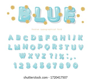 Blue glossy font. ABC letters and numbers for girls. Gold glitter confetti. Vector illustration