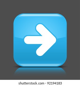 Blue glossy internet button with arrow right symbol. Rounded square shape icon with black shadow and colored reflection on dark gray background. This vector illustration saved in 8 eps