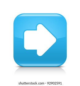 Blue glossy internet button with arrow right symbol. Rounded square shape icon with shadow and reflection on white background. This vector illustration created and saved in 8 eps