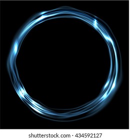 Blue glossy iridescent ring circle background. Vector electric neon round circle shape glowing design