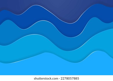 Blue Glossy Paper Cut Wave Artwork Design. Blue Origami design. 3D Paper Ocean cutout waves. Sea Waves origami. Vector Illustration. EPS 10.