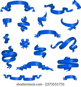 Blue glossy ribbon different banners set. Vector illustration.