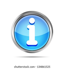 Blue glossy round info icon button on a white background