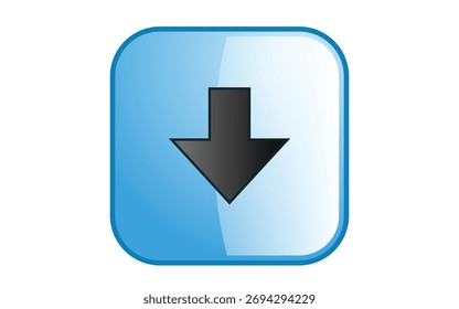 Blue glossy rounded square button with a black arrow pointing down isolated on white background for web design and user interface elements