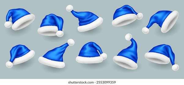 Blue glossy Santa hats with pompoms realistic vector illustration set. Christmas atmosphere accessories 3d models on grey background