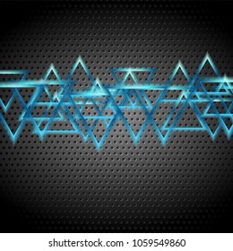 Blue glossy shiny triangles on dark perforated background. Vector design