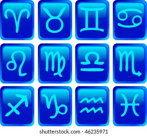 Blue glossy square buttons with zodiac signs