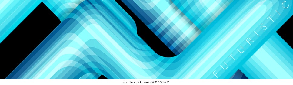 Blue glossy stripes abstract tech geometric background. Vector banner design