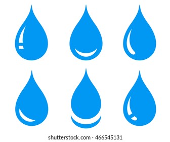 blue glossy water drops set on white background