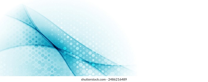 Ondas brillantes azules con fondo abstracto de patrón hexagonal de medio tono. Diseño de Anuncio de Vector técnico geométrico