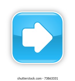 Blue glossy web 2.0 button with arrow symbol. Rounded square sticker with shadow on white. 10 eps