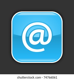 Blue glossy web 2.0 icon with at sign. Rounded square button with shadow on gray. 10 eps