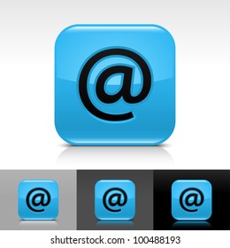 Blue glossy web button with black at sign. Rounded square shape icon with shadow and reflection on white, gray, and black background. Vector 8 eps.