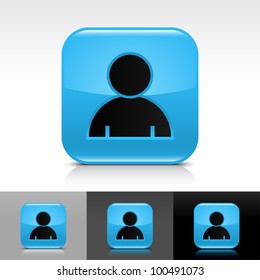 Blue glossy web button with black user profile sign. Rounded square shape icon with shadow, reflection on white, gray, black background. Vector 8 eps.