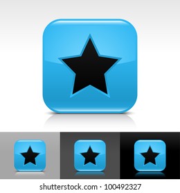 Blue glossy web button with black star sign. Rounded square shape icon with shadow and reflection on white, gray, and black background. Vector 8 eps.