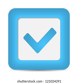 Blue glossy web button with check mark sign. Rounded square shape icon on white background. 10 eps